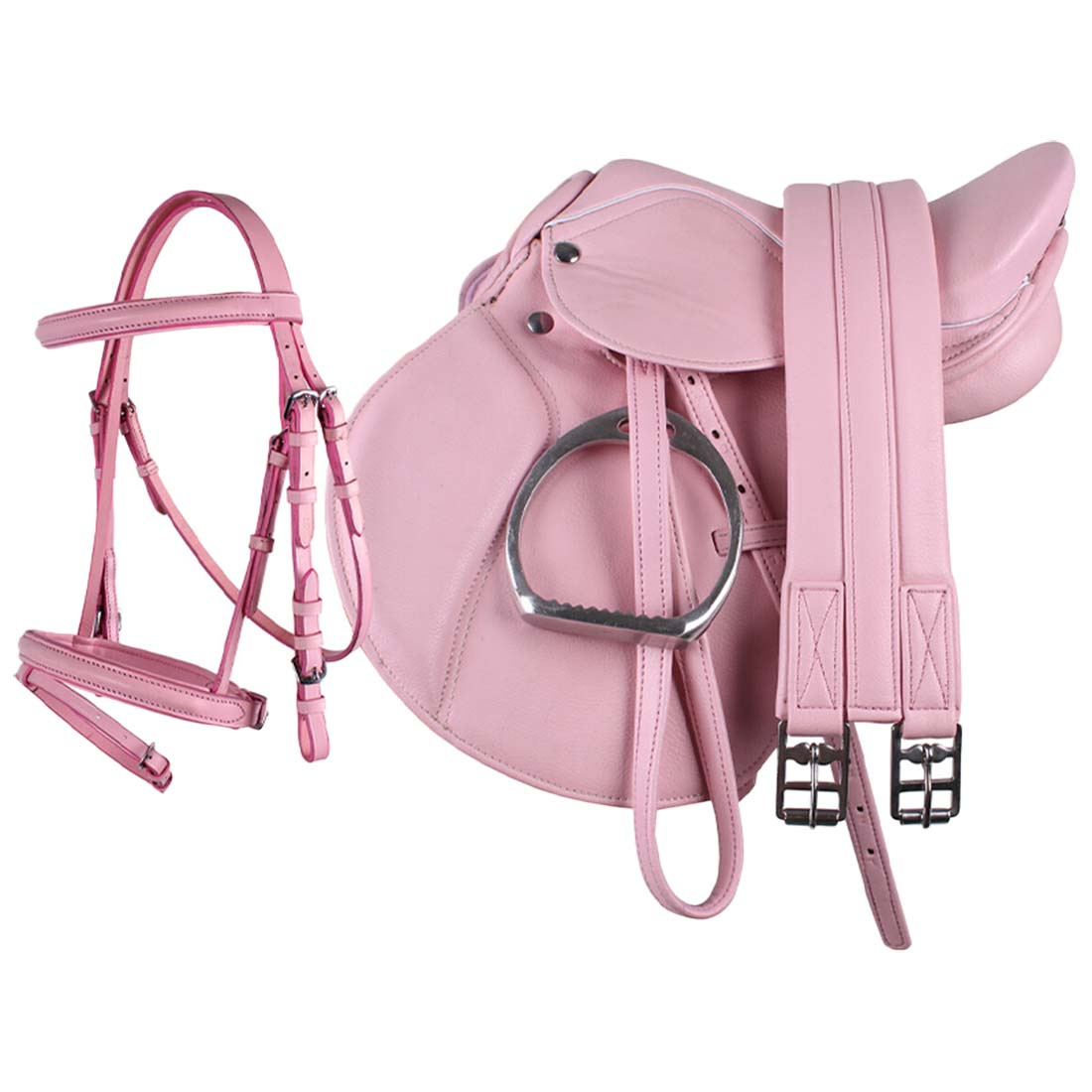 Komplettes Sattel + Trensen-Set Hellrosa